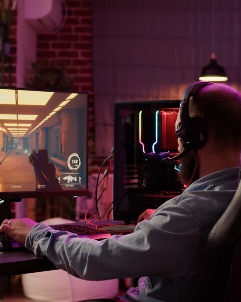 man-using-pc-gaming-setup-relaxing-playing-multiplayer-online-action-game-talking-team-headset-tournament-gamer-streaming-first-person-shooter-while-explaining-gameplay-subscribers